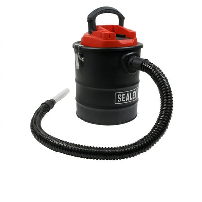 Sealey CP20VAV 20V Cordless Handheld Ash Vacuum Cleaner with 15L black metal tank, flexible 1m hose, and red motor housing on a white background.