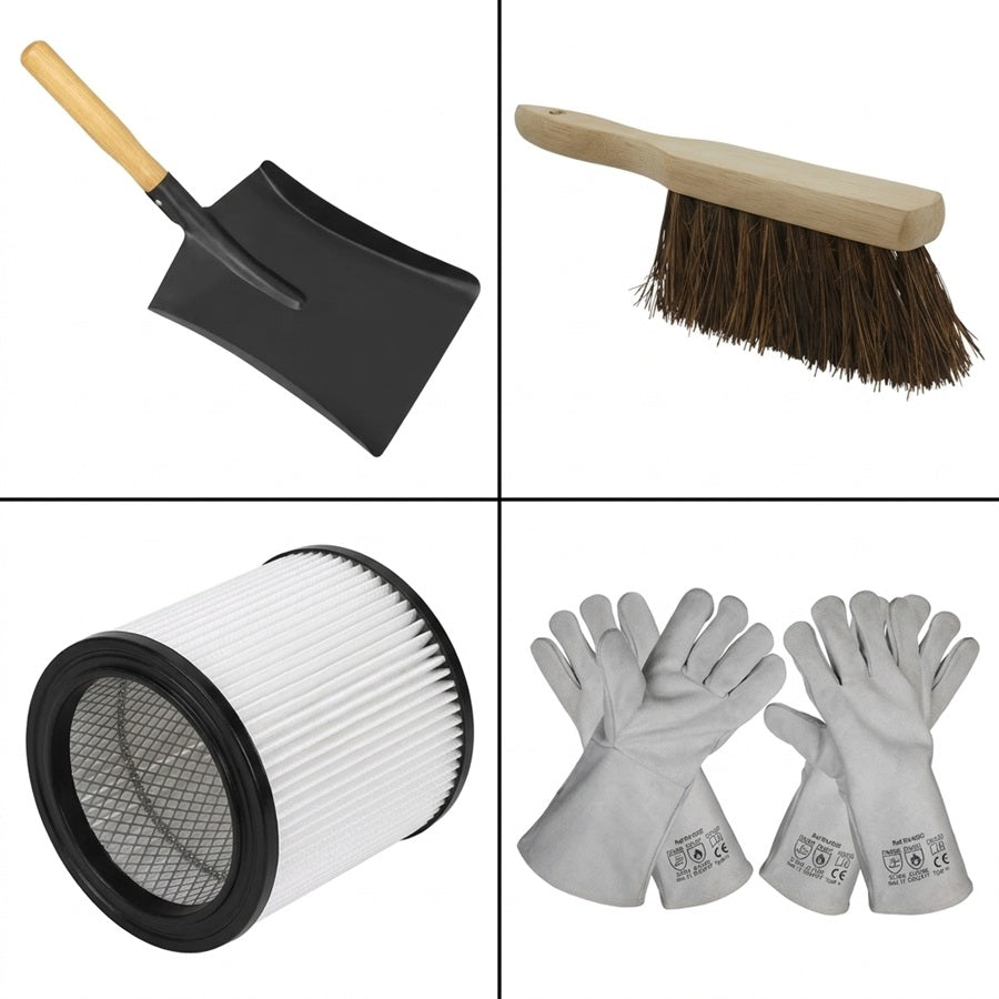 4-panel product grid of Sealey CP20VAV ash vacuum accessories: (Top Left) Black metal hearth shovel with wooden handle; (Top Right) Wooden-handled hearth brush; (Bottom Left) Cylindrical pleated HEPA cartridge filter; (Bottom Right) Pair of grey heavy-duty, heat-resistant safety gloves.