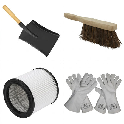 4-panel product grid of Sealey CP20VAV ash vacuum accessories: (Top Left) Black metal hearth shovel with wooden handle; (Top Right) Wooden-handled hearth brush; (Bottom Left) Cylindrical pleated HEPA cartridge filter; (Bottom Right) Pair of grey heavy-duty, heat-resistant safety gloves.
