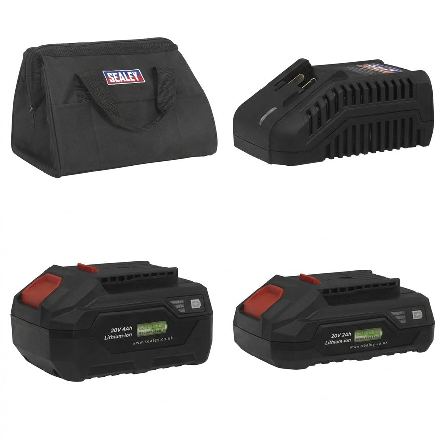 4-panel power and storage kit for Sealey CP20VAV: (Top Left) Black Sealey branded fabric tool bag; (Top Right) SV20 Series mains charger; (Bottom Left) High-capacity 20V 4Ah SV20 lithium-ion battery; (Bottom Right) Compact 20V 2Ah SV20 lithium-ion battery.
