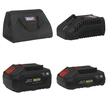 4-panel power and storage kit for Sealey CP20VAV: (Top Left) Black Sealey branded fabric tool bag; (Top Right) SV20 Series mains charger; (Bottom Left) High-capacity 20V 4Ah SV20 lithium-ion battery; (Bottom Right) Compact 20V 2Ah SV20 lithium-ion battery.