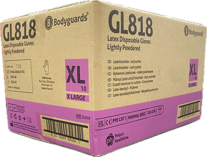 Bulk Case of 1000 Bodyguards GL818 Latex Powdered Gloves - Size Extra Large (XL) - 10 Boxes x 100