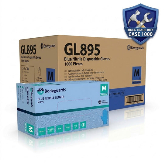 Polyco Bodyguards GL895 Blue Nitrile Disposable Gloves in Medium, featuring a single box of 100 and a bulk trade case of 1000 with a 'Bulk Trade Buy' shield.