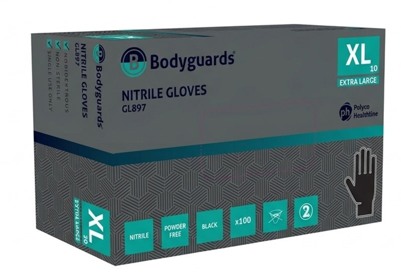 Bodyguards GL897 Extra Large XL Black Nitrile Disposable Gloves - Box of 100