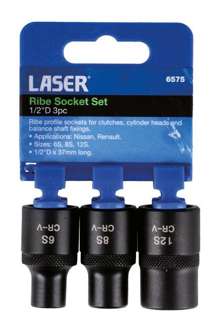 Laser Tools 6575 Ribe Socket Set 1/2"D 3pc Laser Tools