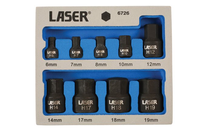 Laser Tools 6726 Low Profile Impact Hex Socket Bit Set 1/4"D, 3/8"D 9pc Laser Tools