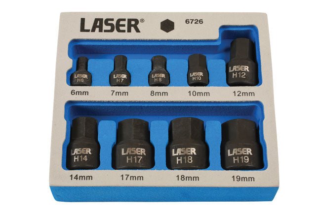 Laser Tools 6726 Low Profile Impact Hex Socket Bit Set 1/4"D, 3/8"D 9pc Laser Tools