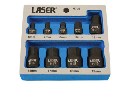 Laser Tools 6726 Low Profile Impact Hex Socket Bit Set 1/4"D, 3/8"D 9pc Laser Tools