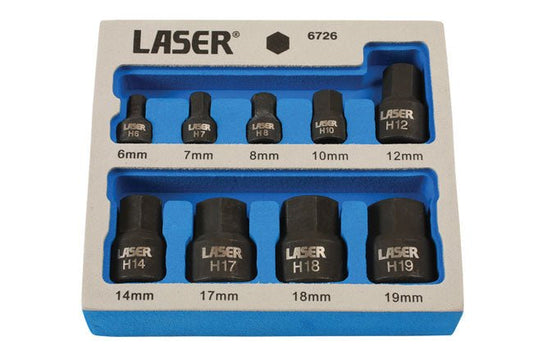 Laser Tools 6726 Low Profile Impact Hex Socket Bit Set 1/4"D, 3/8"D 9pc Laser Tools