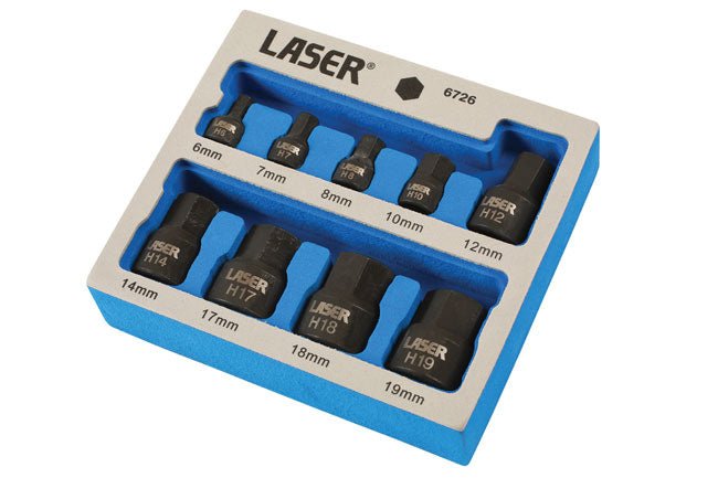 Laser Tools 6726 Low Profile Impact Hex Socket Bit Set 1/4"D, 3/8"D 9pc Laser Tools