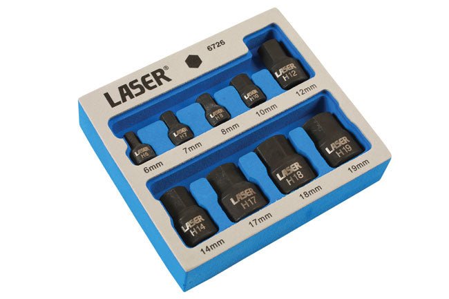 Laser Tools 6726 Low Profile Impact Hex Socket Bit Set 1/4"D, 3/8"D 9pc Laser Tools