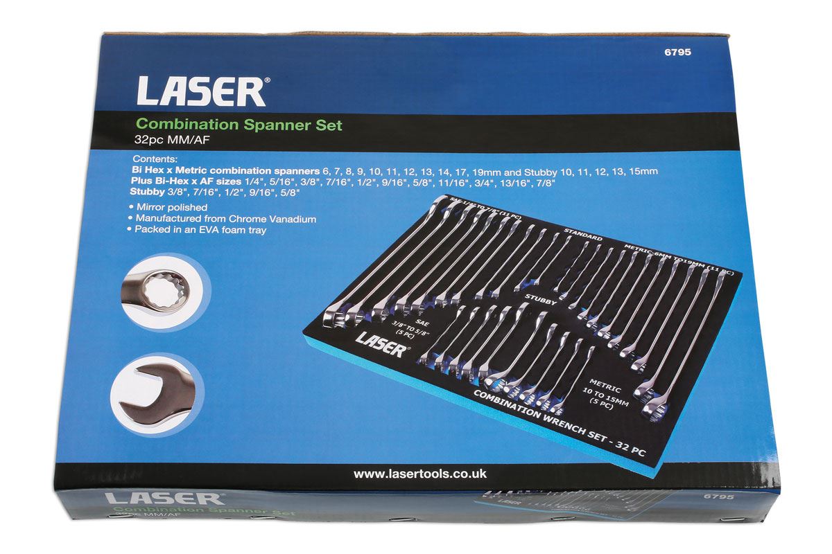 Laser 6795 AF/Metric Combination Spanner Set 32pc Foam Holder Laser Tools