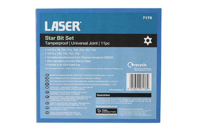 Laser Tools 7176 Tamperproof U/J Star Socket Bit Set 1/4"D, 3/8"D 11pc Laser Tools