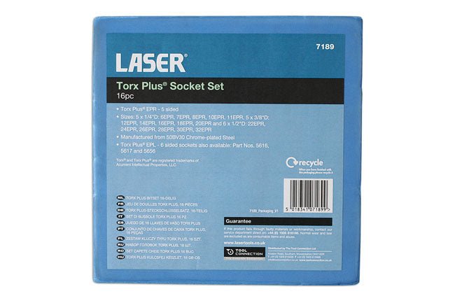 Laser Tools 7189 Torx Plus EPR Socket Set 1/4"D, 3/8"D, 1/2"D 16pc Laser Tools