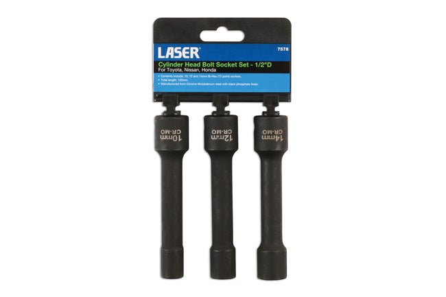 Laser Tools 7578 Cylinder Head Bolt Socket Set 1/2"D 3pc - for Toyota, Nissan 10,12, 14mm Laser Tools
