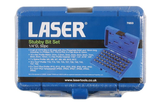 Laser Tools 7653 Stubby Bit Set 1/4"D 50pc Laser Tools