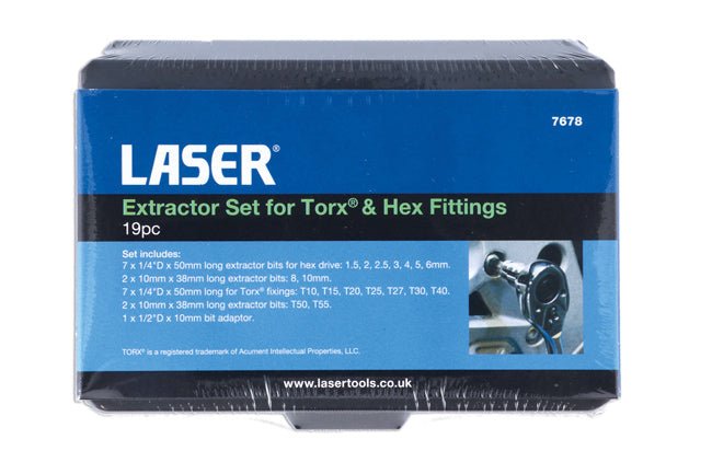 Laser Tools 7678 Extractor Set for TorxÂ® Hex Fittings 19pc Laser Tools