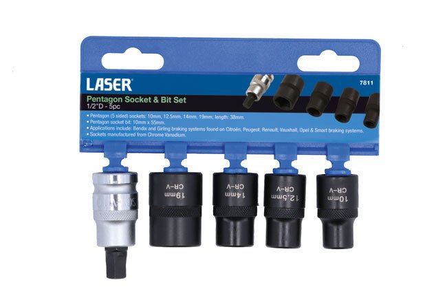 Laser Tools 7811 Pentagon Socket & Bit Set 1/2"D 5pc Laser Tools