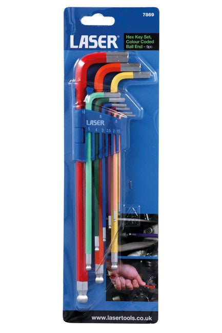 Laser Tools 7869 Colour Coded Hex Key Set - Ball End 9pc Laser Tools