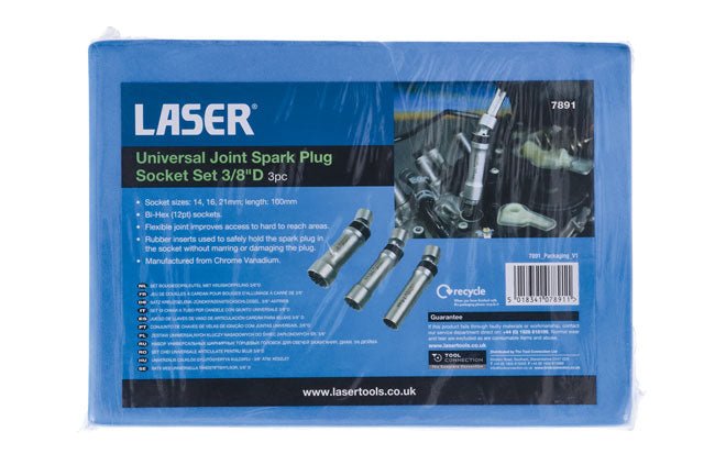 Laser Tools 7891 Universal Joint Spark Plug Socket Set 3/8"D 3pc Laser Tools