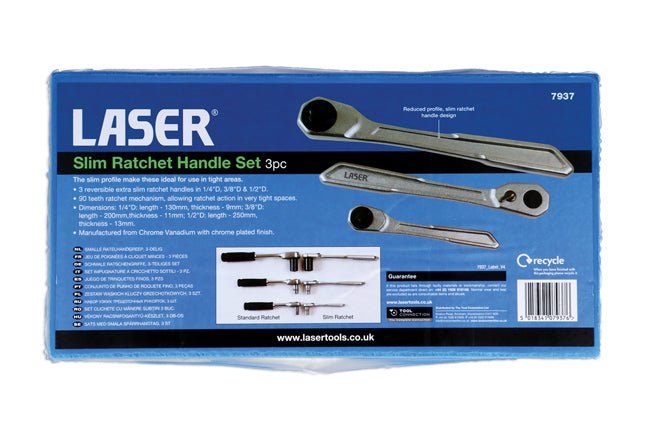 Laser Tools 7937 Slim Handle Ratchet Set 1/4"D, 3/8"D, 1/2"D 3pc Laser Tools