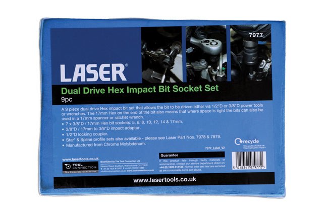 Laser Tools 7977 Dual Drive Hex Impact Bit Socket Set 9pc Laser Tools