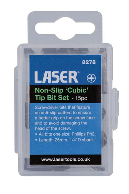 Laser Tools 8278 Non-Slip 'Cubic' Tip Bit Set Ph2 15pc Laser Tools