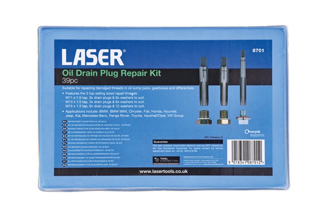 Laser Tools 8701 Oil Drain Plug Repair Kit 39pc Laser Tools