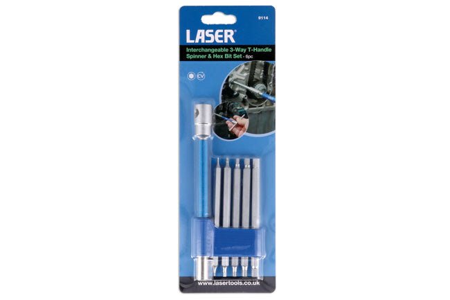 Laser Tools 9114 Interchangeable 3-Way T-Handle Spinner & Hex Bit Set - 6pc Laser Tools