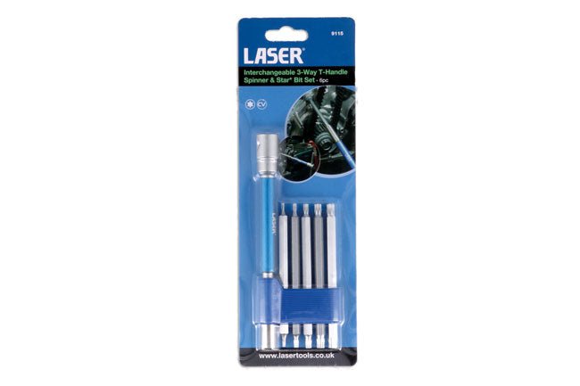 Laser Tools 9115 Interchangeable 3-Way T-Handle Spinner & Star Bit Set - 6pc Laser Tools