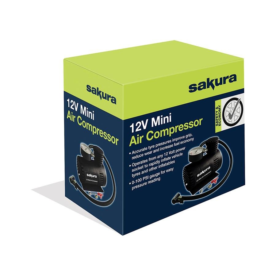 Sakura 12v Mini Air Compressor With 3 Adaptors SS3602 Sakura