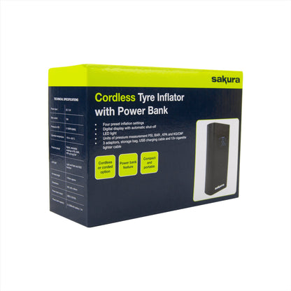 Sakura Rechargeable Cordless Tyre Inflator with Built-In Power Bank Sakura