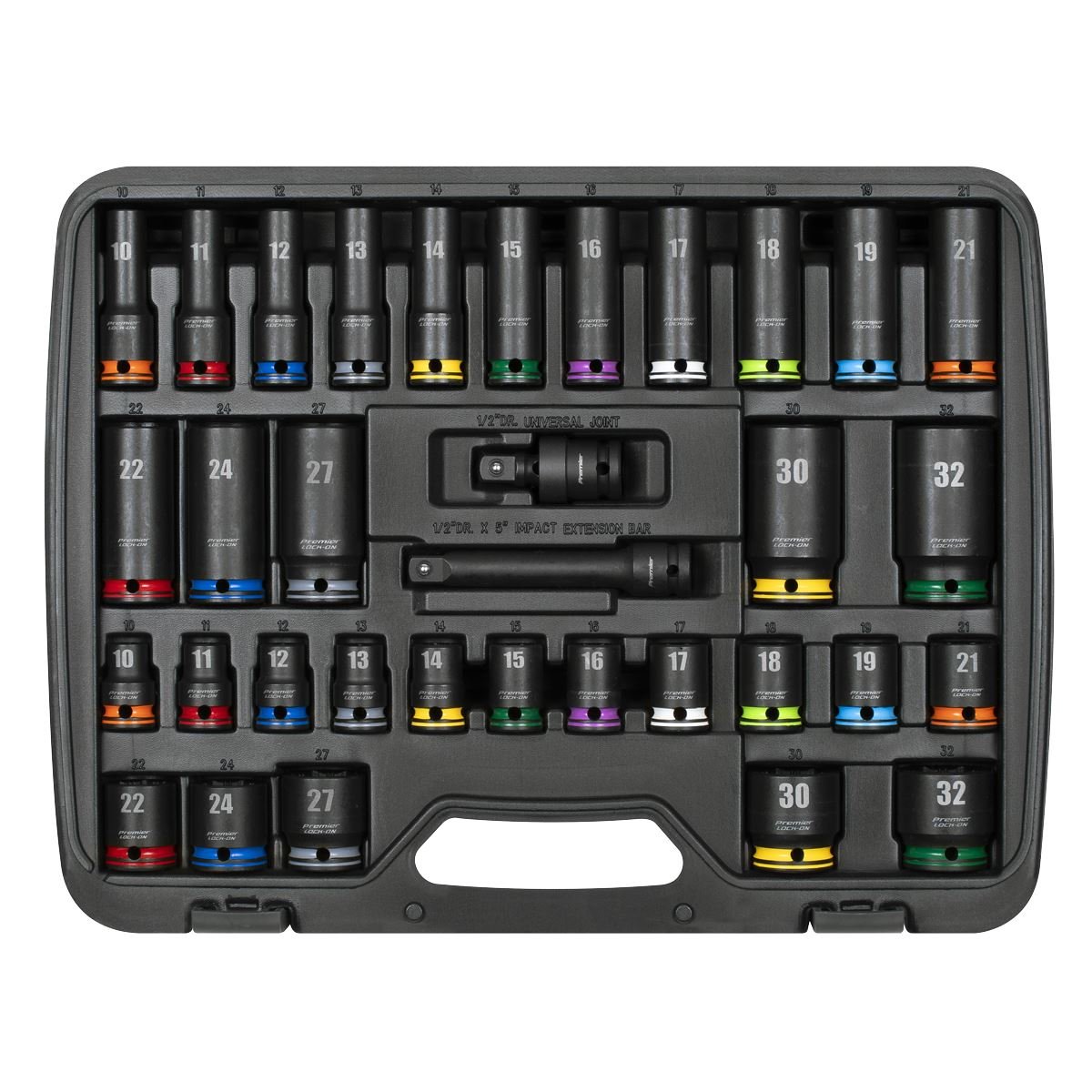 Sealey AK5636M Lock-On™ Standard & Deep Impact Socket Set 34pc 1/2"Sq Drive 6pt Metric Sealey