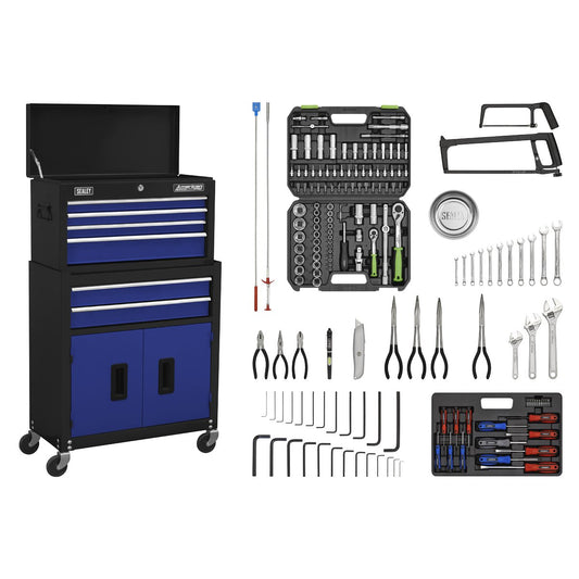 Sealey AP22BCOMBO Topchest & Rollcab Combination 6 Drawer with Ball-Bearing Slides - Blue/Black & 170pc Tool Kit Sealey