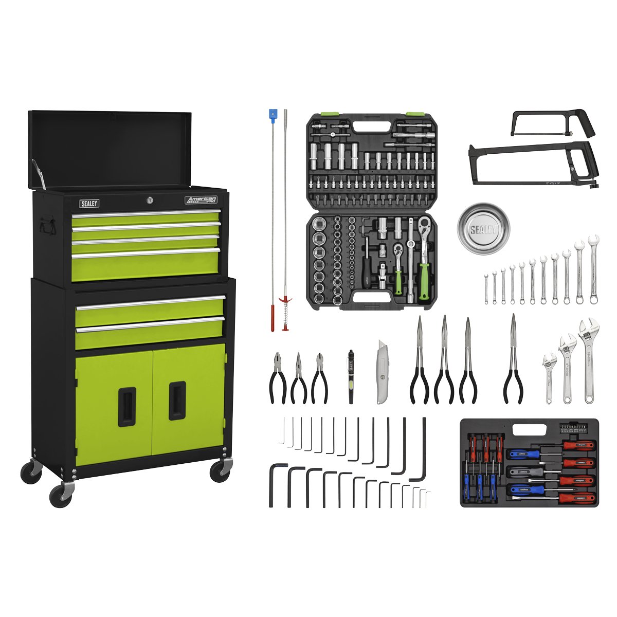Sealey AP22HVGCOMBO Topchest & Rollcab Combination 6 Drawer with Ball-Bearing Slides - Green/Black & 170pc Tool Kit Sealey