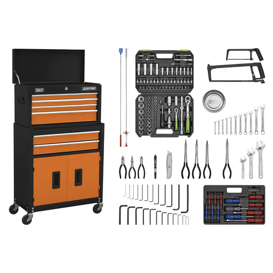 Sealey AP22OCOMBO Topchest & Rollcab Combination 6 Drawer with Ball-Bearing Slides - Orange/Black & 170pc Tool Kit Sealey