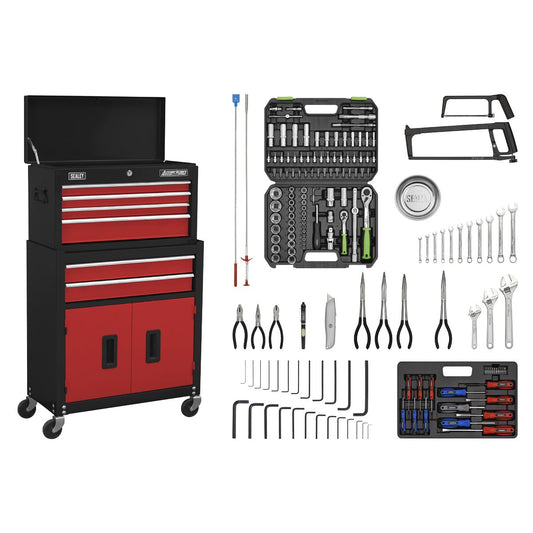 Sealey AP22RCOMBO Topchest & Rollcab Combination 6 Drawer with Ball-Bearing Slides - Red/Black & 170pc Tool Kit Sealey