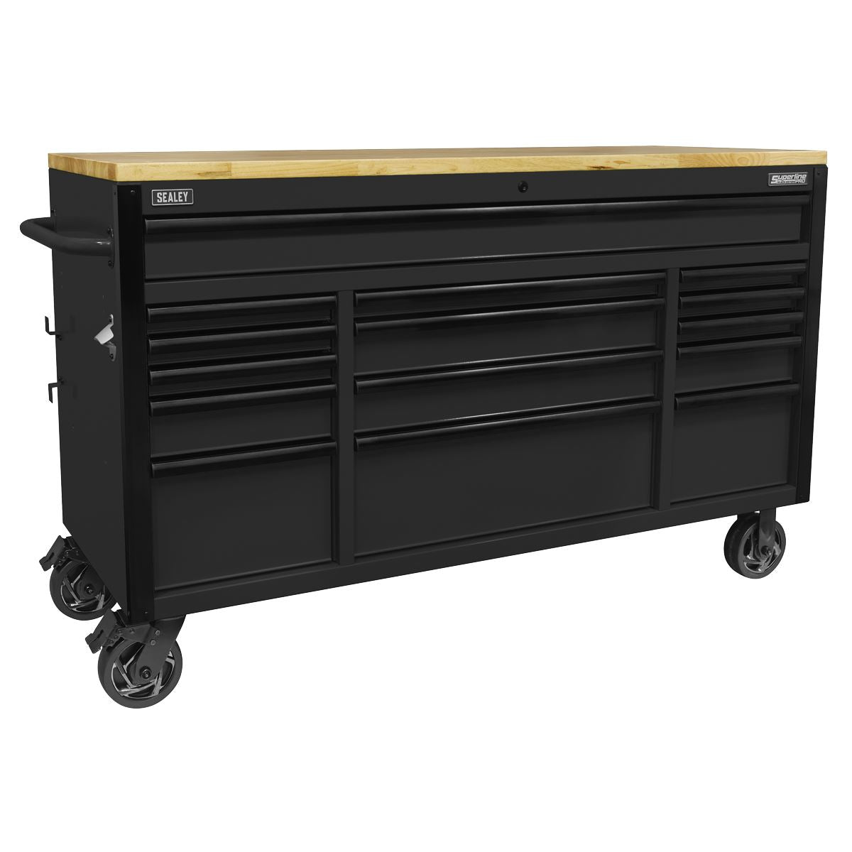 Sealey AP6215BE Superline PRO® Black Edition Mobile Trolley with Wooden Worktop 15 Drawer 1549mm Sealey