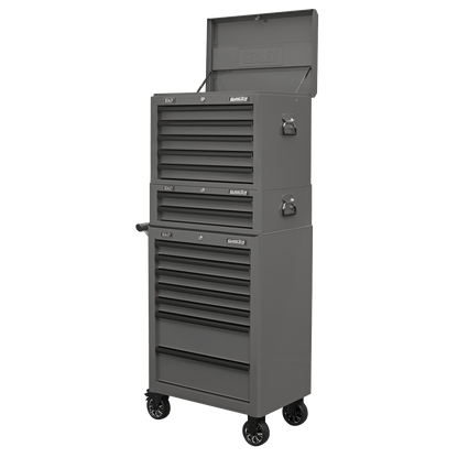 Sealey APSTACKTGR Topchest Mid-Box Tool Chest & Rollcab Combination 14 Drawer with Ball-Bearing Slides - Grey Sealey
