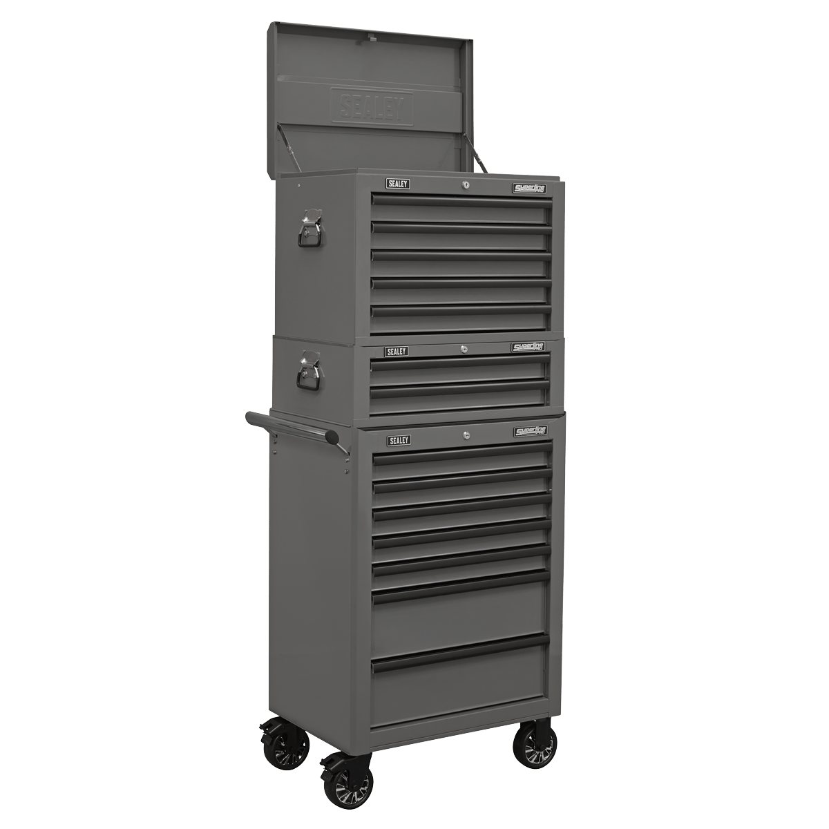 Sealey APSTACKTGR Topchest Mid-Box Tool Chest & Rollcab Combination 14 Drawer with Ball-Bearing Slides - Grey Sealey