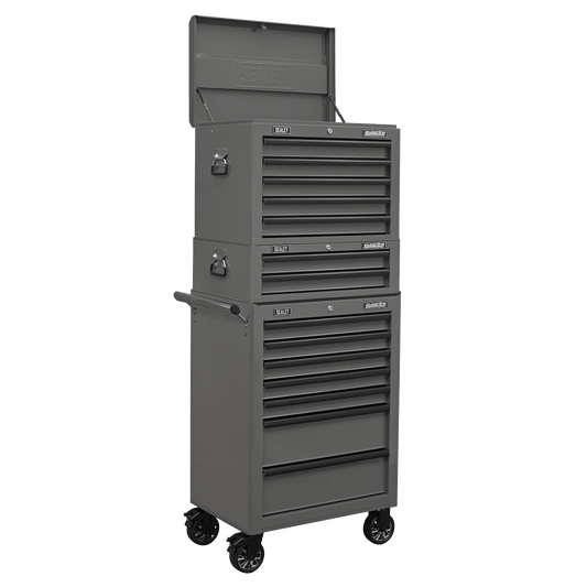 Sealey APSTACKTGR Topchest Mid-Box Tool Chest & Rollcab Combination 14 Drawer with Ball-Bearing Slides - Grey Sealey