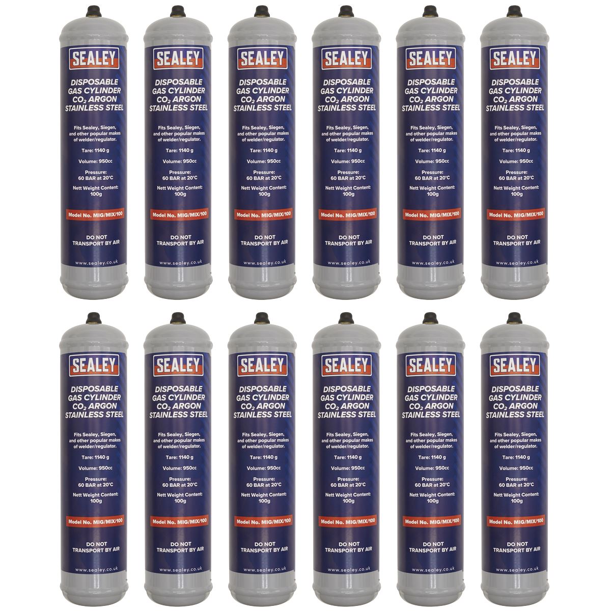 Sealey MIG/MIX/100/12 Gas Cylinder Disposable Carbon Dioxide/Argon 100g - Box of 12 Sealey