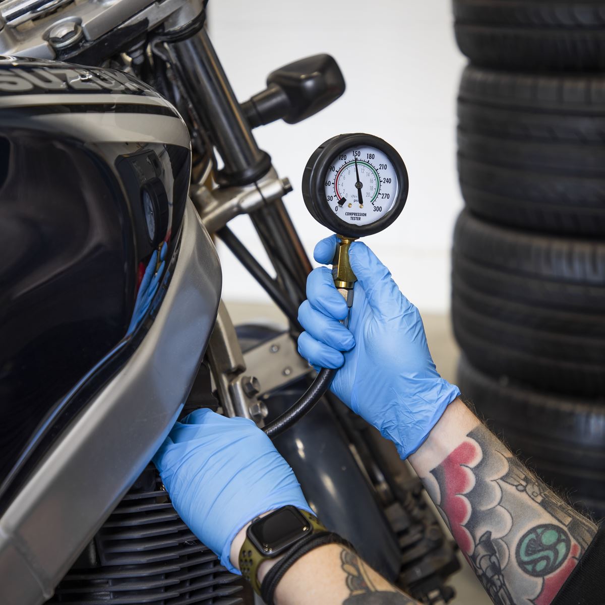 Sealey MS100 Motorcycle Compression & Fuel Pressure Gauge Set 3pc Sealey