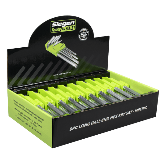 Siegen S01263 Long Ball-End Hex Key Set 9pc - Display Box of 10 Sealey