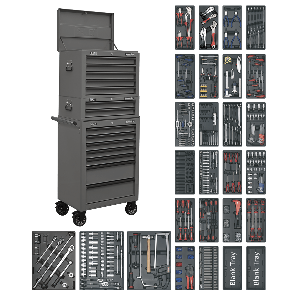 Sealey SPTGRCOMBO1 Tool Chest Combination 14 Drawer with Ball-Bearing Slides - Grey & 1179pc Tool Kit Sealey