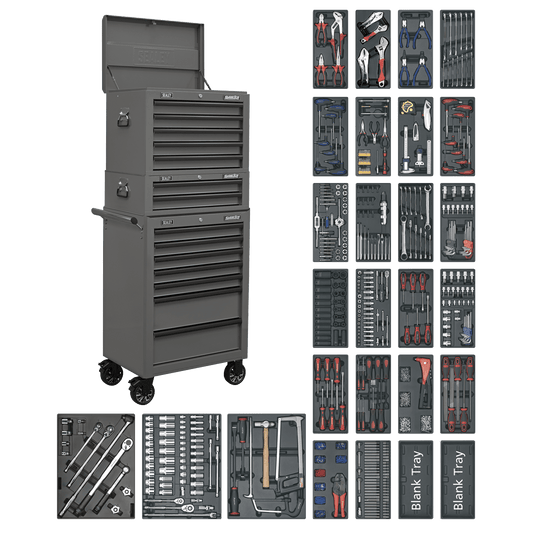 Sealey SPTGRCOMBO1 Tool Chest Combination 14 Drawer with Ball-Bearing Slides - Grey & 1179pc Tool Kit Sealey