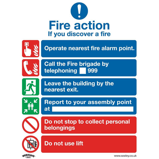 Sealey SS19V10 Safe Conditions Safety Sign - Fire Action With Lift - Self-Adhesive Vinyl - Pack of 10 Sealey