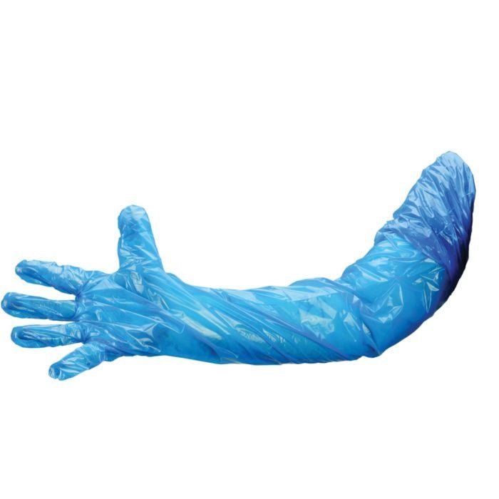 Shield Pack 100 Blue Disposable Polythene Gauntlets Long Arm 900mm Large Shield