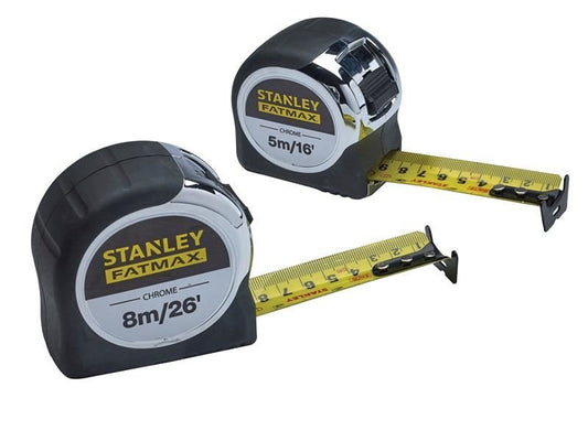 Stanley FatMax Chrome Pocket Tapes 5m/16ft & 8m/26ft Twin Pack STA043041 Stanley