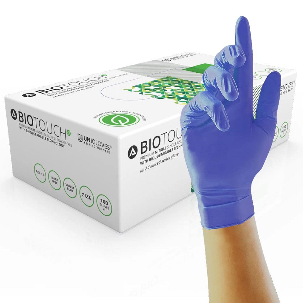 Box 100 BioTouch Blue Nitrile Biodegradable Disposable Gloves Unigloves